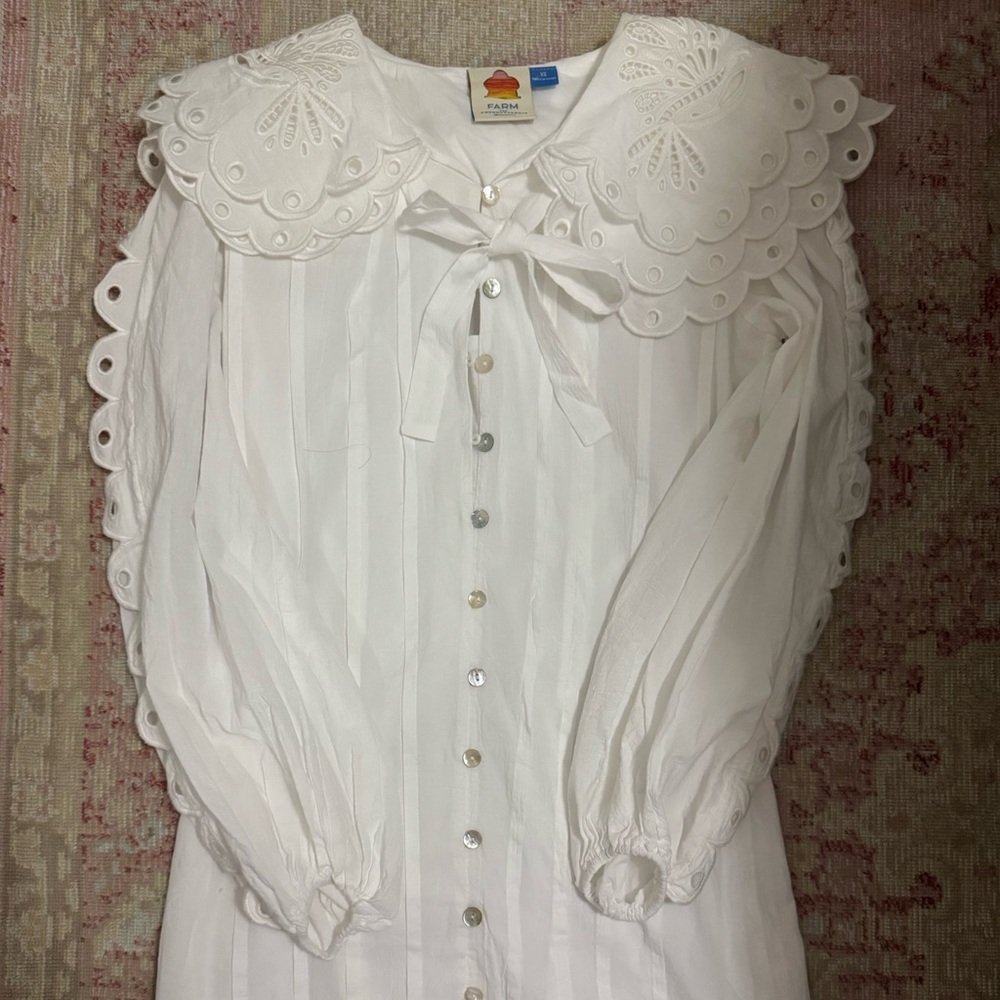 Farm Rio White Button-Up Dress with Scalloped Collar